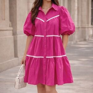 Sofia the Label Tiered Poplin Babydoll Dress | Hot Pink | Size S Boutique Style